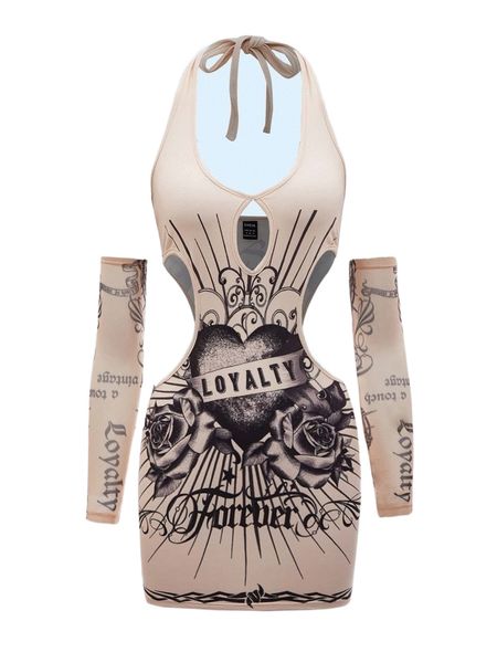 letter & floral print cut out halter dress with arm sleeve 37kb#, Black;gray