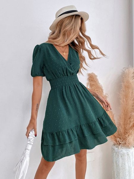 puff sleeve surplice neck shirred waist ruffle hem swiss dot dress x1ut#, Black;gray
puff sleeve surplice neck shirred waist ruffle hem swiss dot dress x1ut#, Black;gray