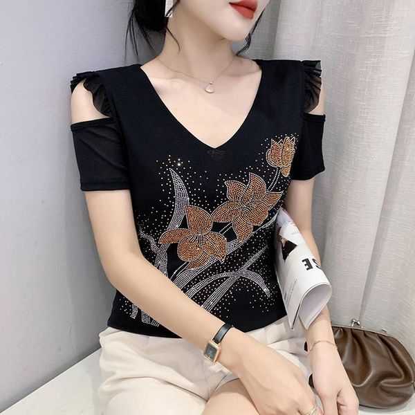 women's t-shirt black mesh v-neck handmade diamonds beading flowers off-shoulder ruffles tees summerwomen's, White
women's t-shirt black mesh v-neck handmade diamonds beading flowers off-shoulder ruffles tees summerwomen's, White