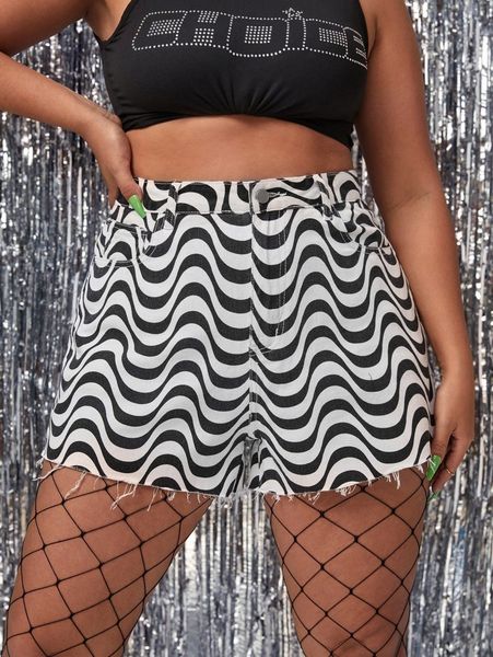 plus wave striped print denim shorts f2iq#, White;black