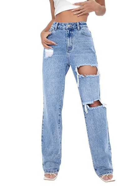 high waist ripped cut out straight leg jeans q1gs#, Blue
high waist ripped cut out straight leg jeans q1gs#, Blue