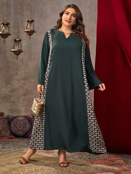 plus geo print notched neck tunic dress f2kv#, Black