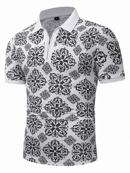 men random damask print quarter zip polo shirt i7zi#, White;black