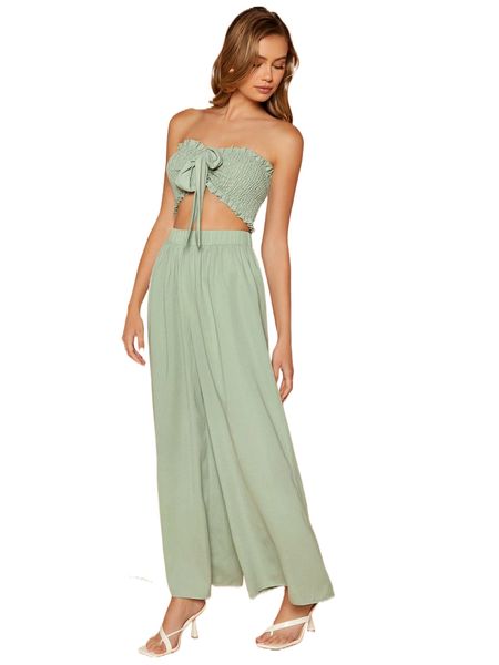 shirred tie front tube & wide leg pants set a0bp#, White