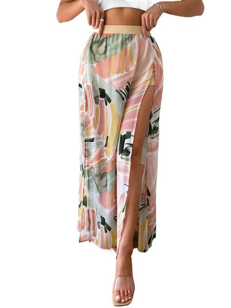 brush print panty insert m-slit hem skirt b2du#, Black