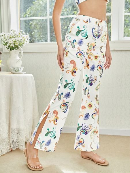 paisley print split hem pants 89ih#, Black;white