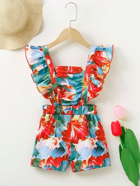 toddler girls floral print ruffle trim overalls she, Blue