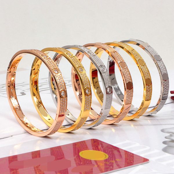 

925s Silver 18K Gold Cuff Titanium Steel Full Diamond Bracelet 3 Rows High Quality Original Box Designer Women Men Couple Jewelry Bangles Fashion Love Bracelets