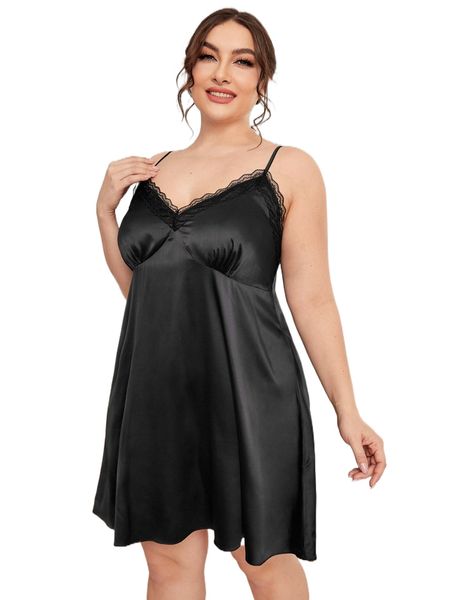 plus lace trim ruched cami night dress x0fp#, Black;white