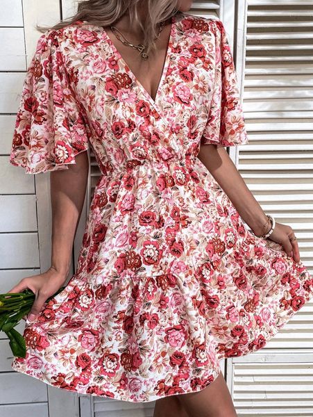 allover floral print butterfly sleeve ruffle hem dress 07th#, Black;gray