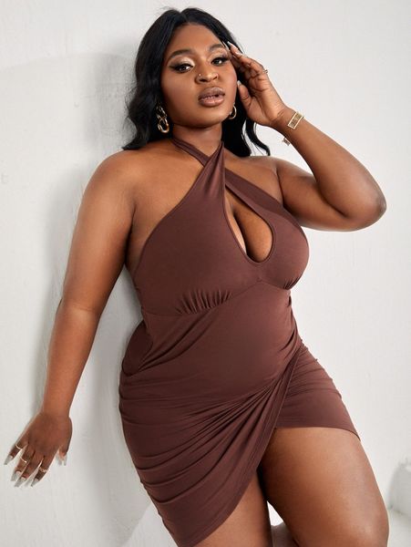 sxy plus tie backless ruched bodycon dress 24fc#, Black