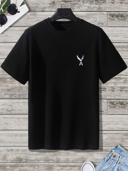 men wings & letter embroidery textured tee a0ds#, White;black 
men wings & letter embroidery textured tee a0ds#, White;black