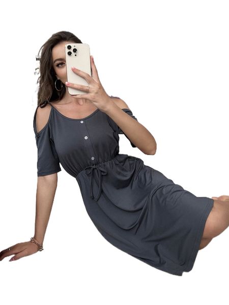 cold shoulder knot front nightdress 025r#, Black;red