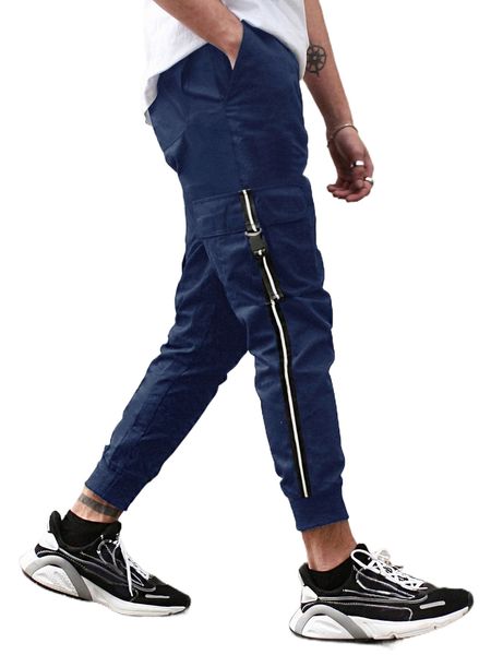 men contrast tape buckled flap pocket side drawstring waist pants p27f#, Black 
men contrast tape buckled flap pocket side drawstring waist pants p27f#, Black