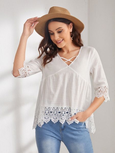 emery rose crisscross contrast lace k462#, White