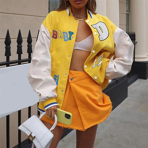 women yellow baseball jacket letter print long sleeves singlebreasted baseball uniform streetwear causal bf style loose coat 220817, Black;brown
women yellow baseball jacket letter print long sleeves singlebreasted baseball uniform streetwear causal bf style loose coat 220817, Black;brown