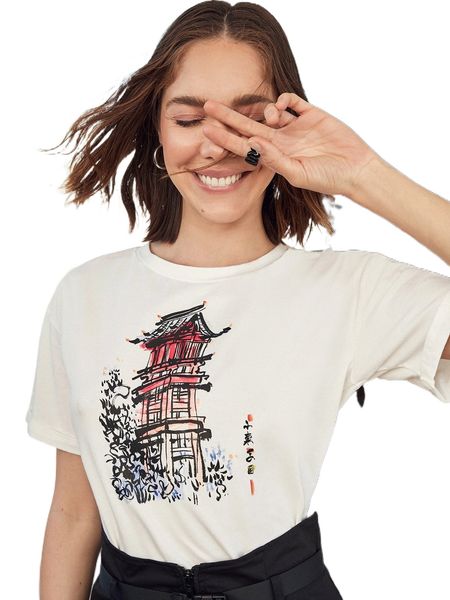 x alina chau building & chinese letter graphic drop shoulder tee w2kd#, White
x alina chau building & chinese letter graphic drop shoulder tee w2kd#, White