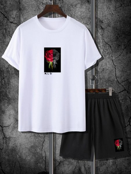 men rose & japanese letter graphic tee & shorts u2ni#, Gray
men rose & japanese letter graphic tee & shorts u2ni#, Gray