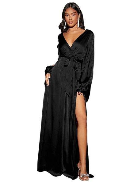 split thigh belted satin dress z79f#, Black;gray 
split thigh belted satin dress z79f#, Black;gray