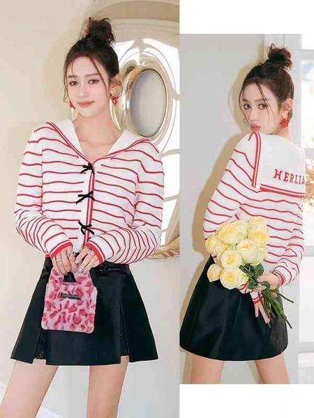 women's knits tees he yang chaochao's same spring summer minority contrast color wave knit stripe navy collar cardigan top, White
women's knits tees he yang chaochao's same spring summer minority contrast color wave knit stripe navy collar cardigan top, White