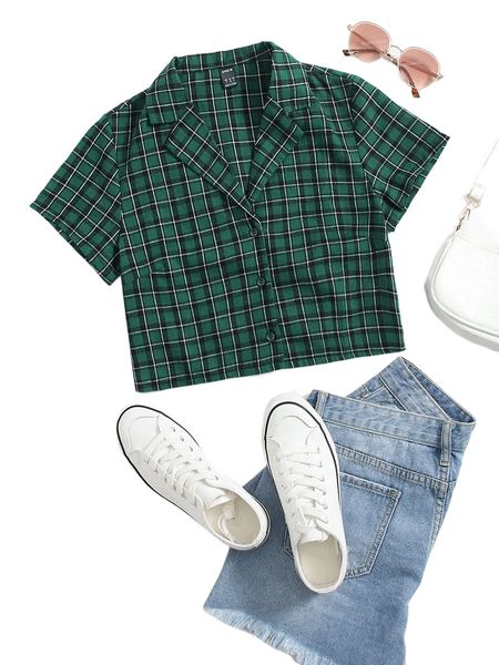 plaid lapel collar crop blouse m3jw#, White