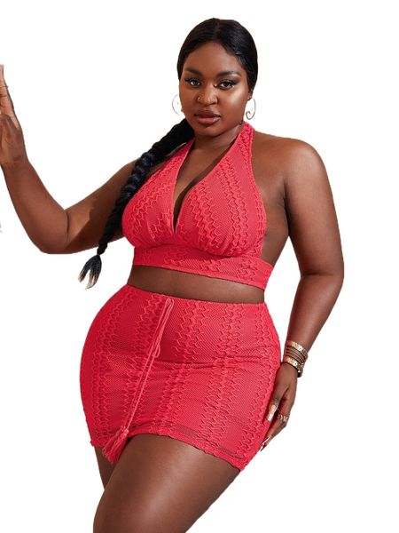 sxy plus tie backless crop halter & tassel knot front skirt y5ea#, Black