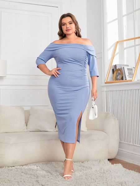 plus off shoulder split thigh bodycon dress n9ev#, Black