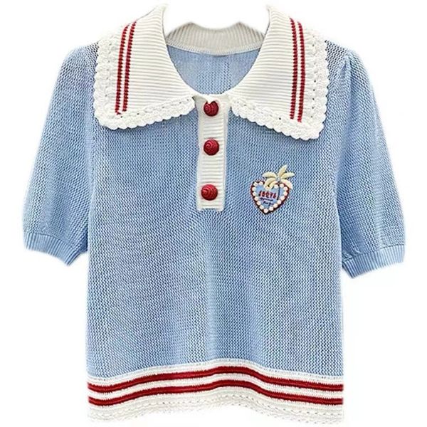 603 l 2022 runway summer brand same style sweater blue lapel neck short sleeve women's sweaters yingjie, White;black
603 l 2022 runway summer brand same style sweater blue lapel neck short sleeve women's sweaters yingjie, White;black