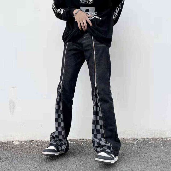 front long zipper checkered patchwork streetwear retro mens jeans washed straight oversize ripped casual denim trousers t220803, Blue
front long zipper checkered patchwork streetwear retro mens jeans washed straight oversize ripped casual denim trousers t220803, Blue