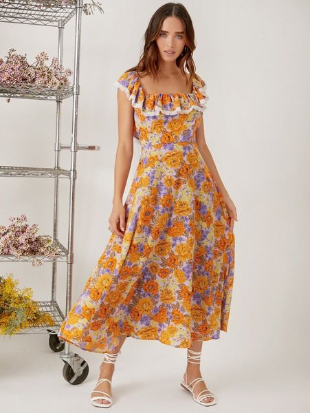 floral print contrast guipure lace ruffle trim dress d2vx#, Black;gray 
floral print contrast guipure lace ruffle trim dress d2vx#, Black;gray