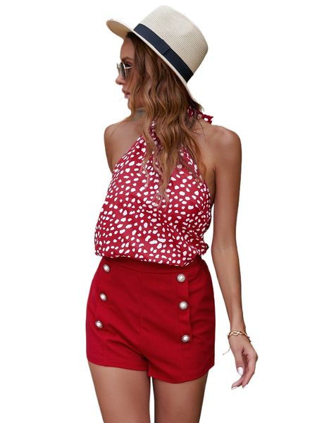 dalmatian print tie backless halter & shorts 92a8#, White 
dalmatian print tie backless halter & shorts 92a8#, White