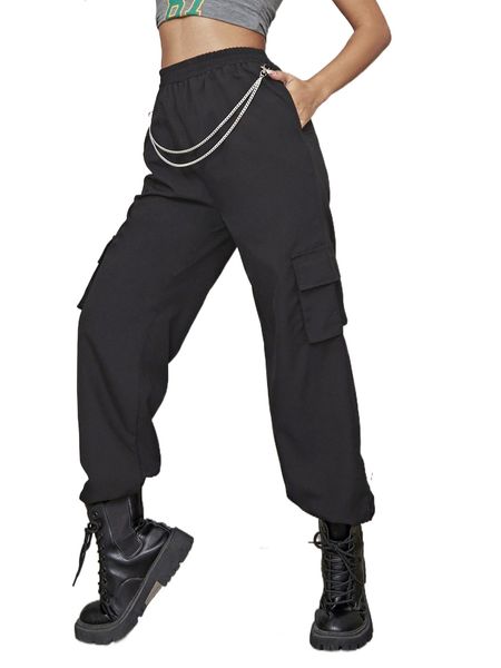 chain detail flap pocket cargo pants p8cg#, Black;white 
chain detail flap pocket cargo pants p8cg#, Black;white
