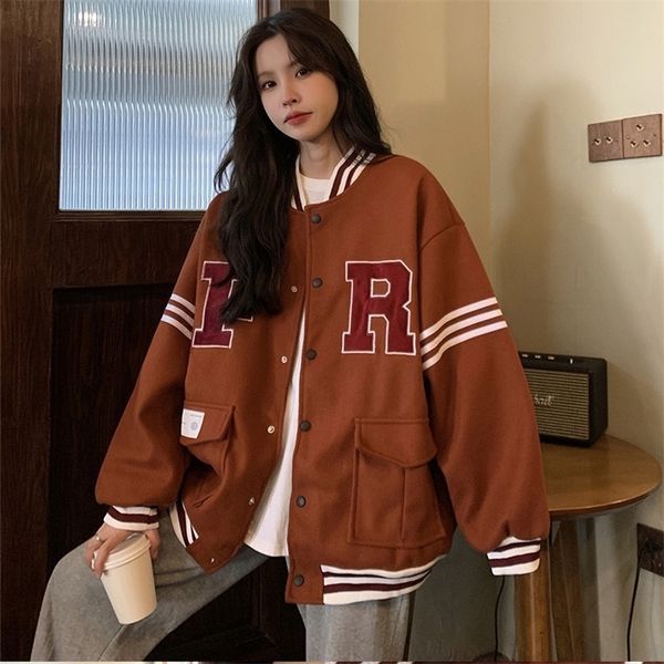 womens retro pockets bomber jacket spring letter embroidered long sleeve coats female vintage casual loose varsity jacket 220817, Black;brown
womens retro pockets bomber jacket spring letter embroidered long sleeve coats female vintage casual loose varsity jacket 220817, Black;brown