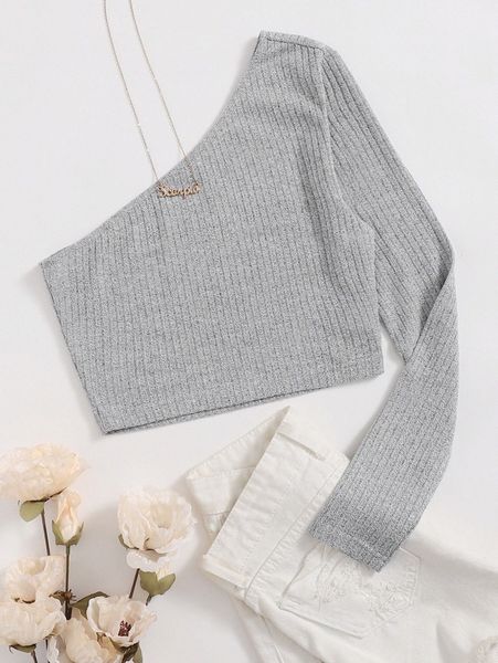 ribbed one-shoulder crop 433a#, White