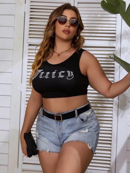 plus letter embroidered crop tank t0wp#, Black