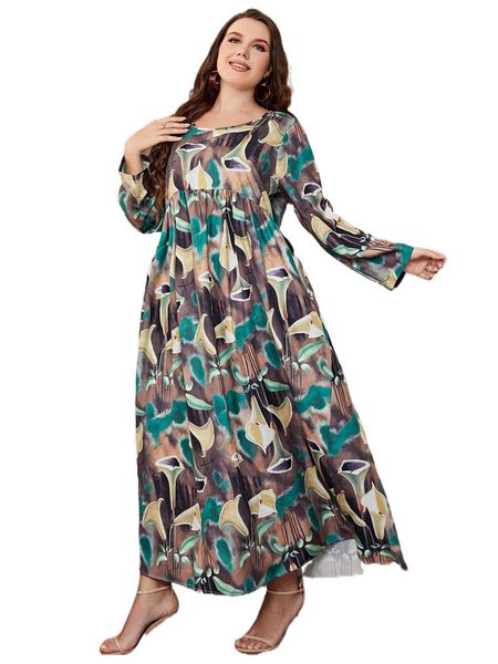 plus tie dye floral print smock dress l0bt#, Black