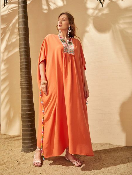 plus floral embroidery fringe tunic dress s1wh#, Black