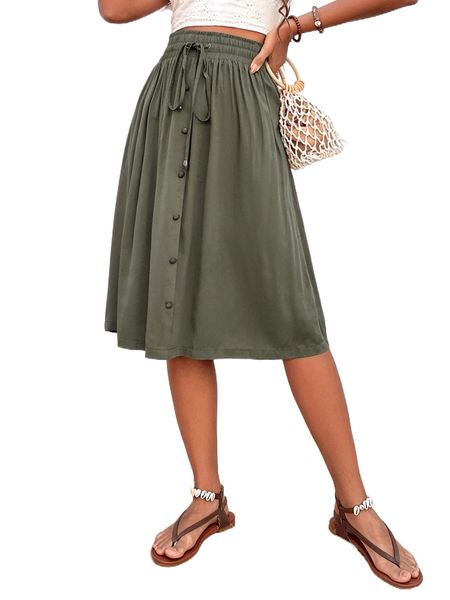 solid drawstring waist skirt l5oo#, Black