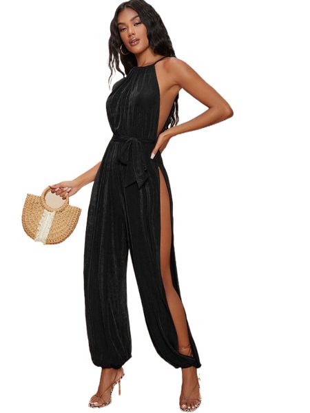 bae tie backless split side belted halter jumpsuit j2ud#, Black;white