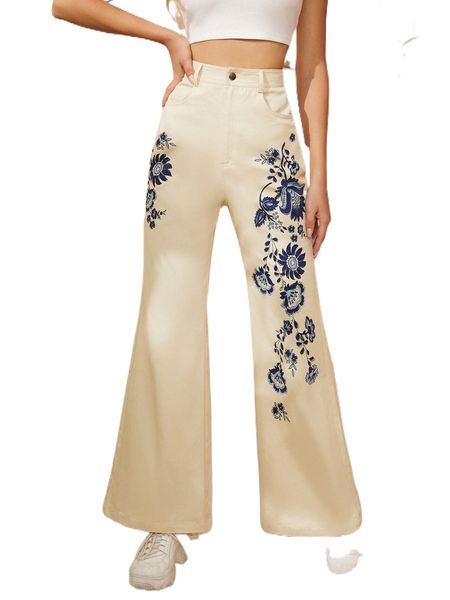 high waist floral print wide leg pants 60fv#, Black;white
high waist floral print wide leg pants 60fv#, Black;white