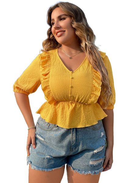 plus ruffle trim fake button peplum blouse l0ha#, Black
plus ruffle trim fake button peplum blouse l0ha#, Black