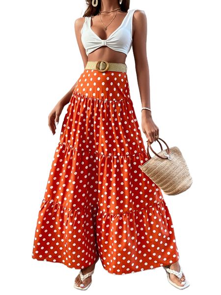 polka dot print ruffle hem skirt without belt n5cb#, Black 
polka dot print ruffle hem skirt without belt n5cb#, Black