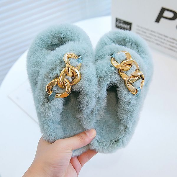 kids fur slides girls house shoes fashion metal decoration slippers for kids shoes black blue beige princess home shoes e09202 220423, Black;grey