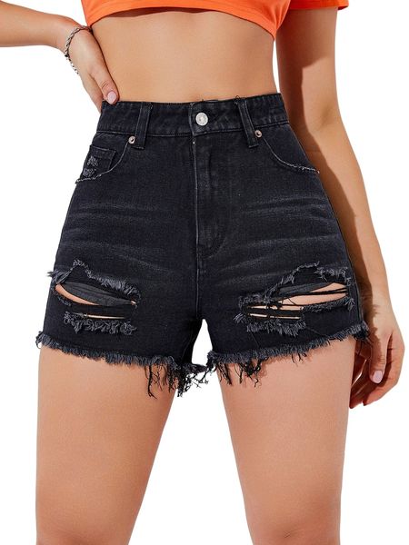 ripped raw cut denim shorts e9um#, White;black 
ripped raw cut denim shorts e9um#, White;black