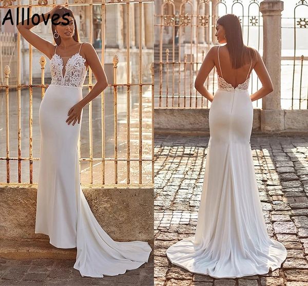 simple satin mermaid wedding gowns spaghetti straps sleeveless lace appliqued bridal dresses boho garden beach fashion backless robes de mar, White
simple satin mermaid wedding gowns spaghetti straps sleeveless lace appliqued bridal dresses boho garden beach fashion backless robes de mar, White