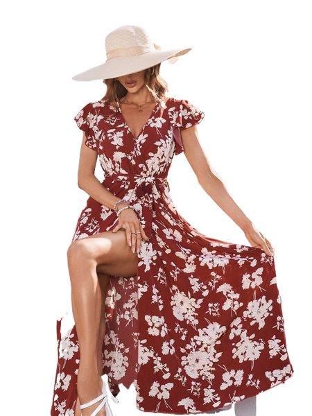 allover floral print flutter sleeve overlap collar slit thigh belted dress i4yu#, Black;gray
allover floral print flutter sleeve overlap collar slit thigh belted dress i4yu#, Black;gray