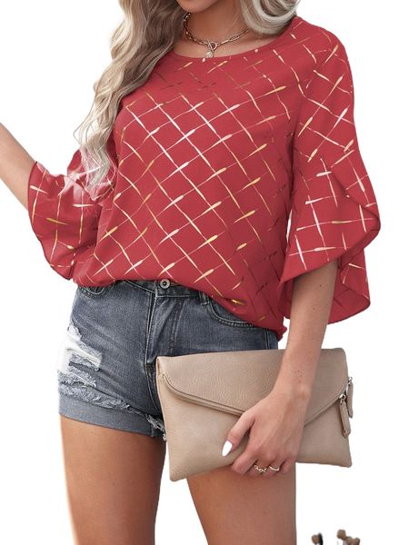 gold plaid print petal sleeve blouse y4oq#, White