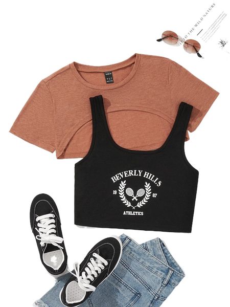 super crop tee & tennis racket and letter graphic tank 05no#, White