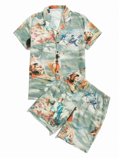 men oil painting print shirt with shorts k7ol#, Gray