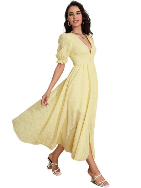 puff sleeve fake button plunge neck slit hem dress p7lf#, Black;gray
puff sleeve fake button plunge neck slit hem dress p7lf#, Black;gray